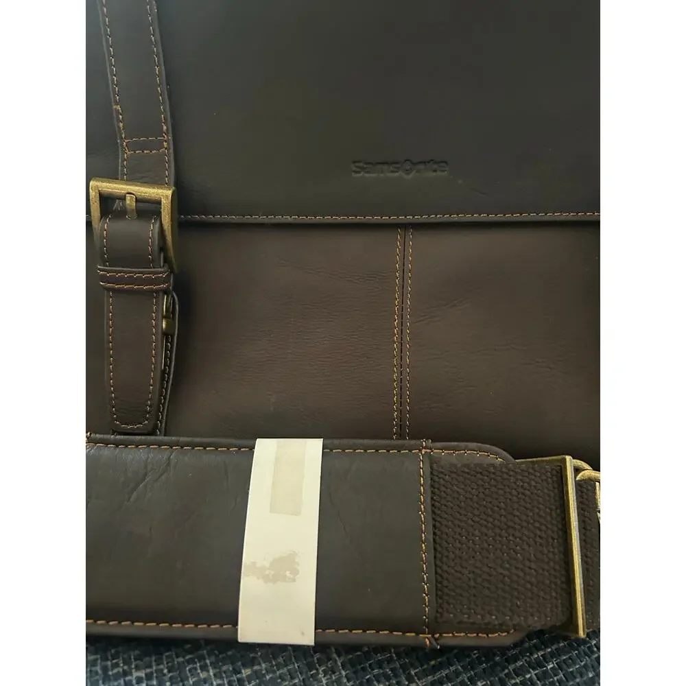 Samsonite Brown Leather Double Gusset Laptop Briefcase Messenger Bag 15.6”